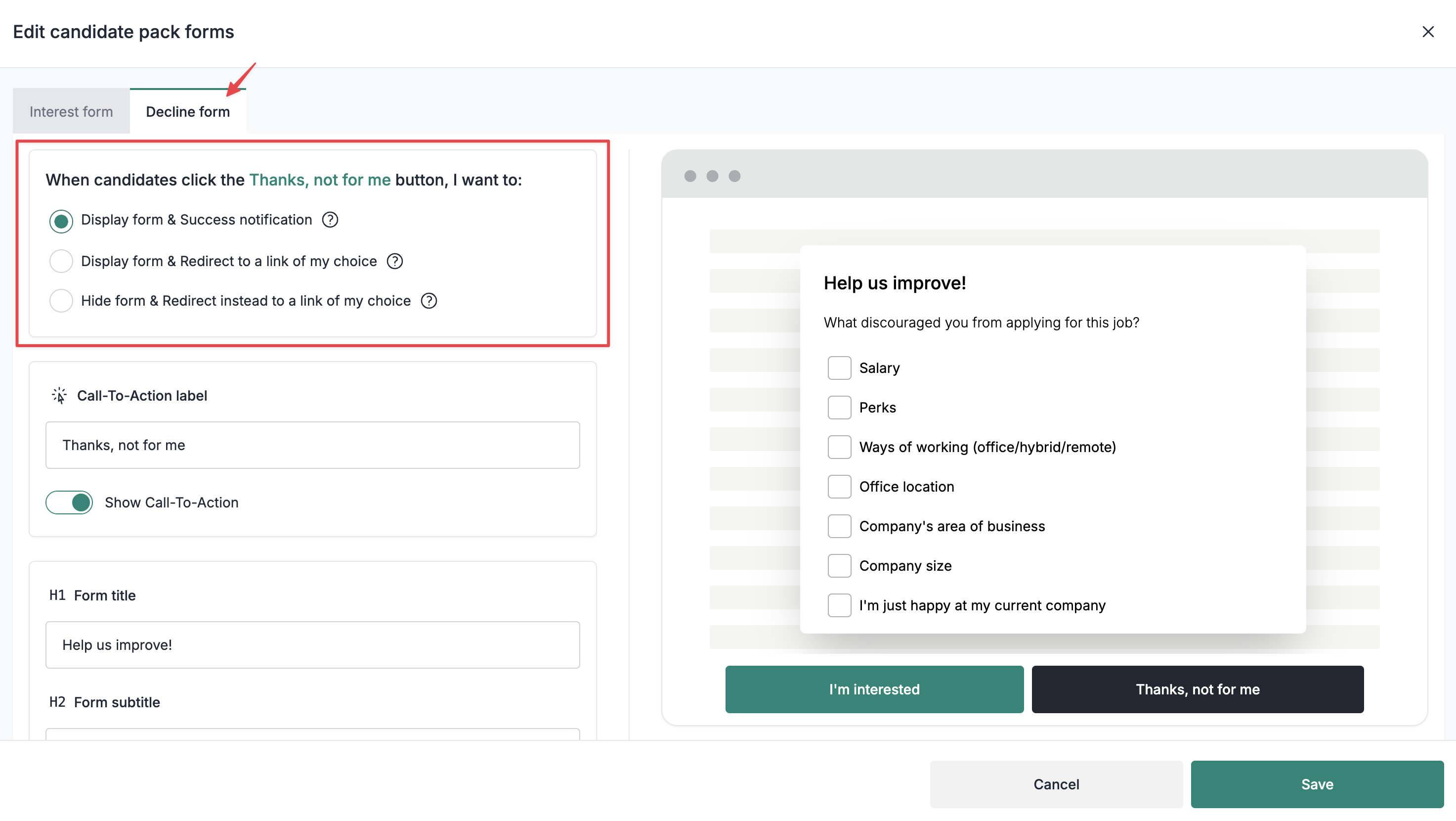 Forms Editor > Decline form Tab